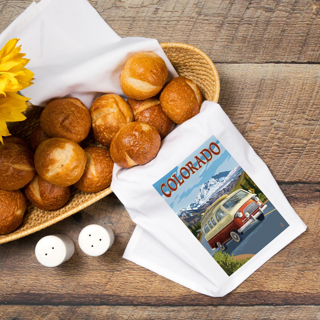 Colorado, Camper Van Mountain Drive, Organic Cotton Kitchen Tea Towels Kitchen Lantern Press