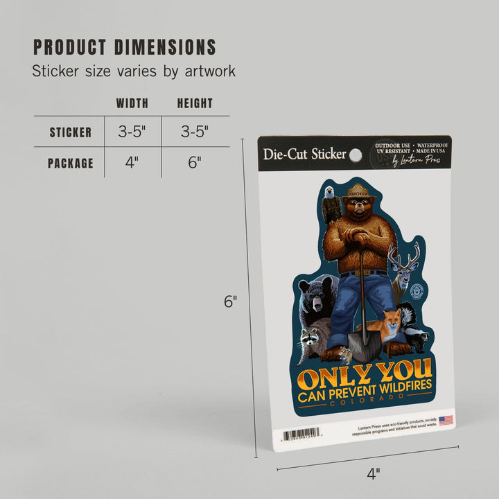 Colorado, Only You Can Prevent Wildfires, Smokey Bear & Friends, Contour, Lantern Press, Vinyl Sticker - Lantern Press