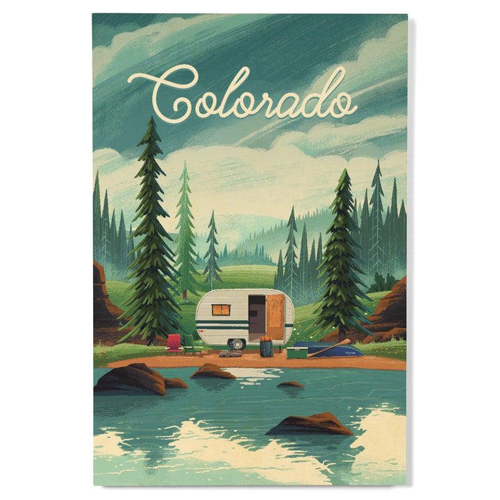 Colorado, Outdoor Activity, At Home Anywhere, Camper in Evergreens, Wood Signs and Postcards Wood Lantern Press