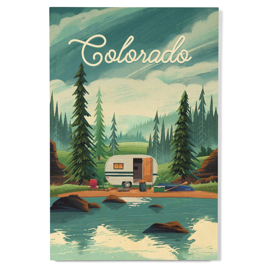 Colorado, Outdoor Activity, At Home Anywhere, Camper in Evergreens, Wood Signs and Postcards Wood Lantern Press