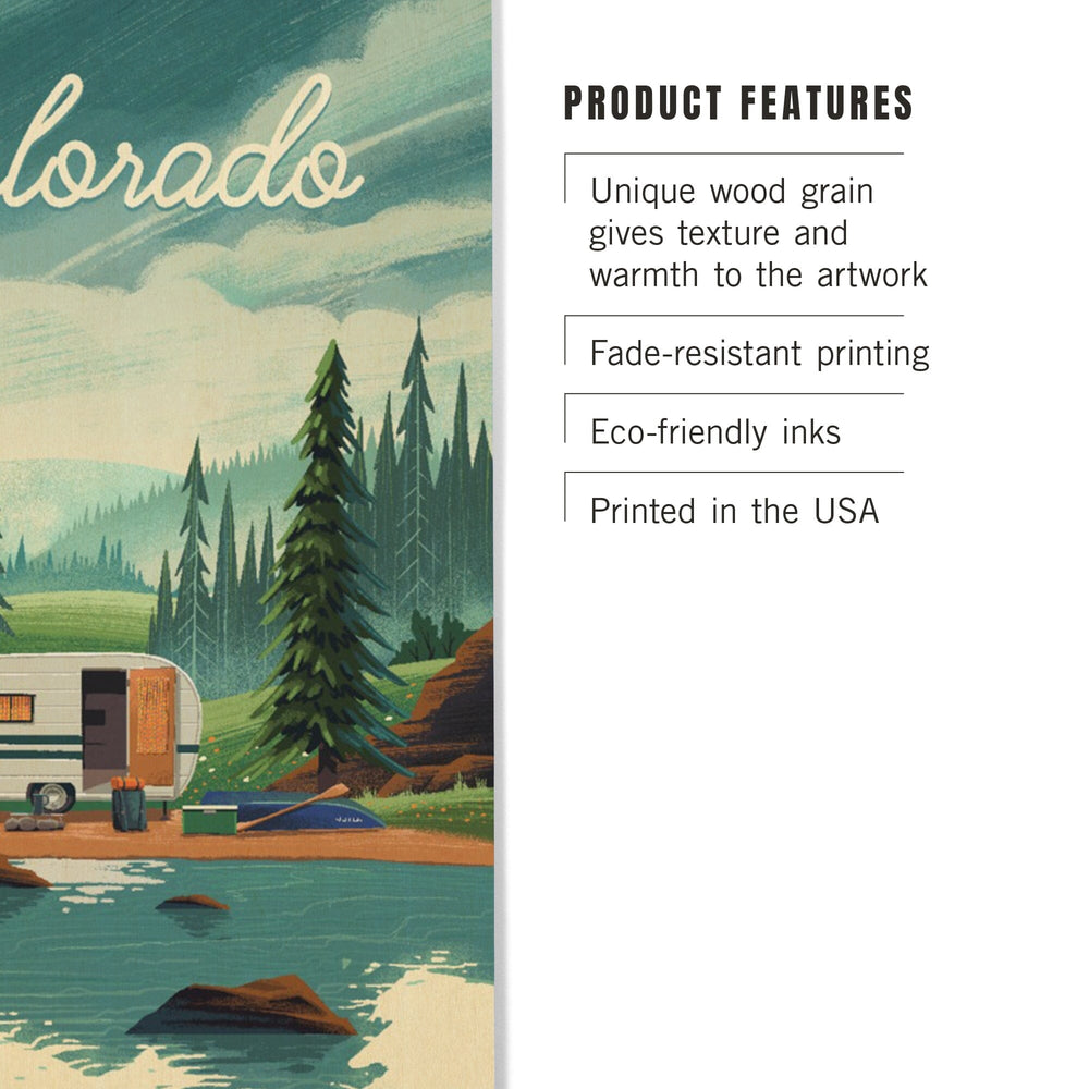 Colorado, Outdoor Activity, At Home Anywhere, Camper in Evergreens, Wood Signs and Postcards Wood Lantern Press