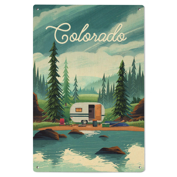 Colorado, Outdoor Activity, At Home Anywhere, Camper in Evergreens, Wood Signs and Postcards Wood Lantern Press