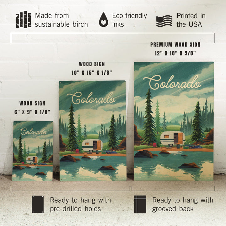 Colorado, Outdoor Activity, At Home Anywhere, Camper in Evergreens, Wood Signs and Postcards Wood Lantern Press