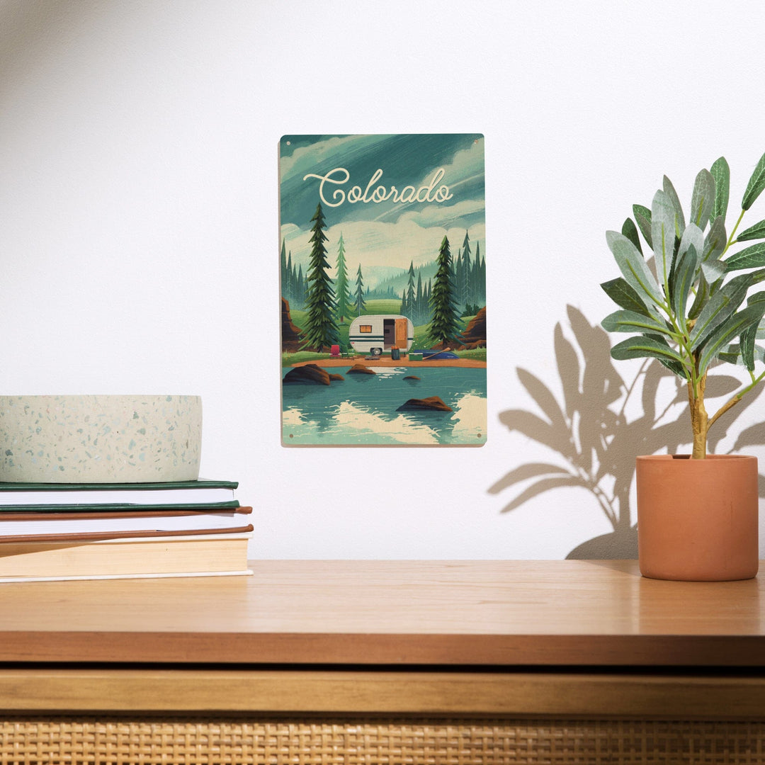 Colorado, Outdoor Activity, At Home Anywhere, Camper in Evergreens, Wood Signs and Postcards Wood Lantern Press