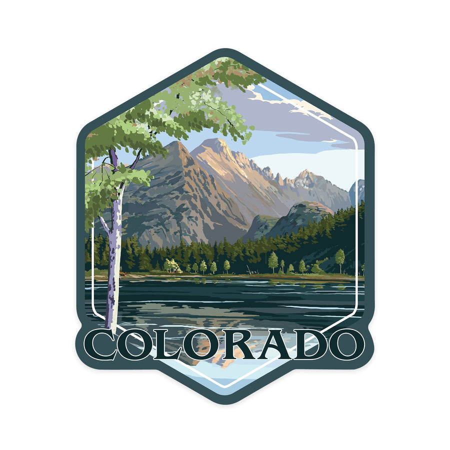 Colorado, Peaks and Lake, Contour, Vinyl Sticker - Lantern Press