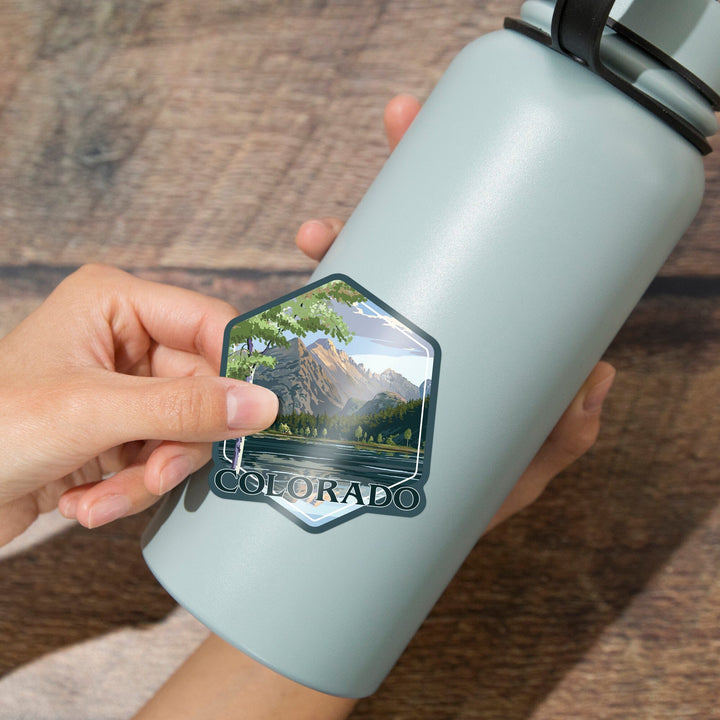 Colorado, Peaks and Lake, Contour, Vinyl Sticker - Lantern Press