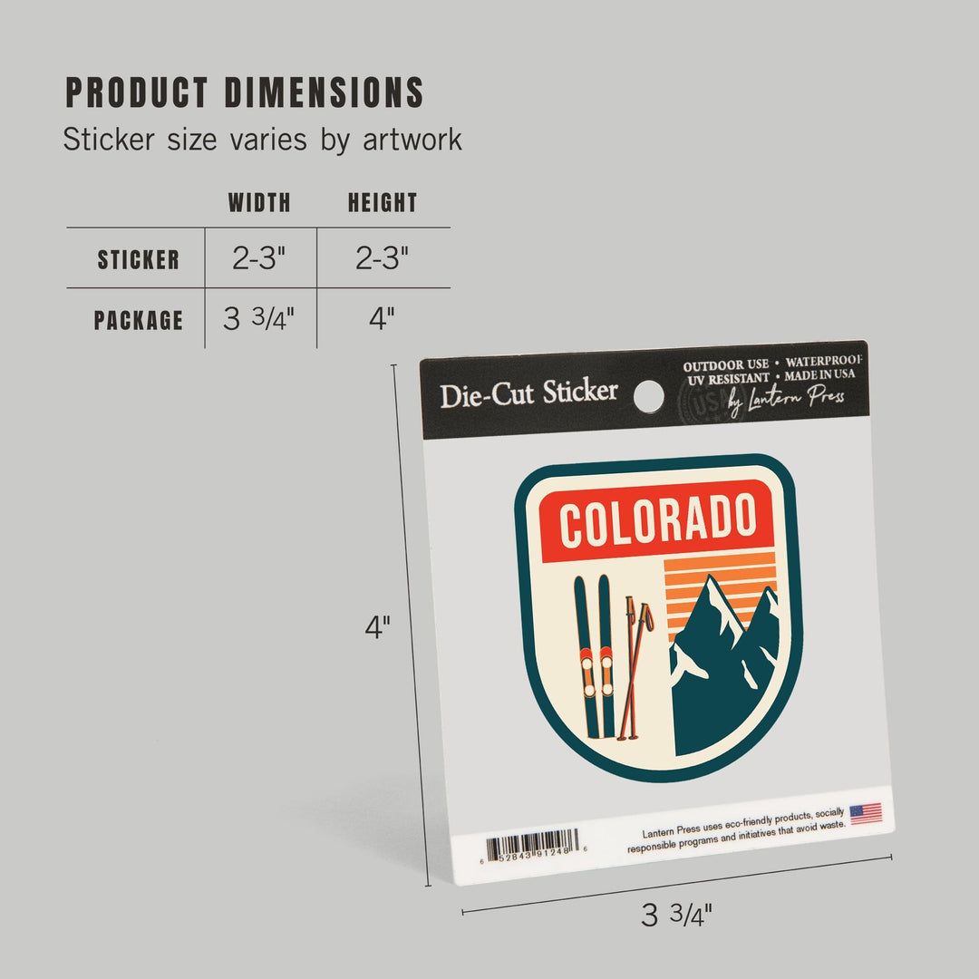 Colorado, Skis & Mountains, Contour, Lantern Press Artwork, Vinyl Sticker - Lantern Press