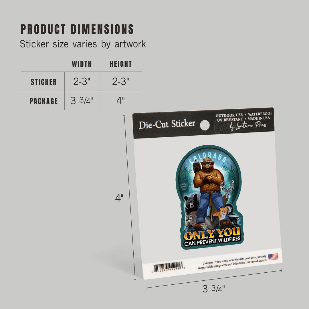 Colorado, Smokey Bear and Friends, Only You Can Prevent Wildfires, Contour, Vinyl Sticker Sticker Lantern Press