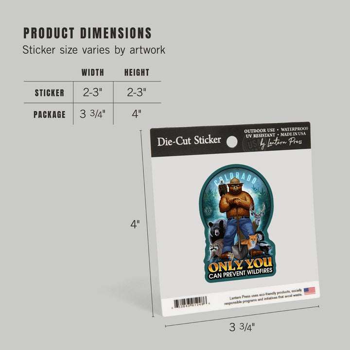 Colorado, Smokey Bear and Friends, Only You Can Prevent Wildfires, Contour, Vinyl Sticker Sticker Lantern Press
