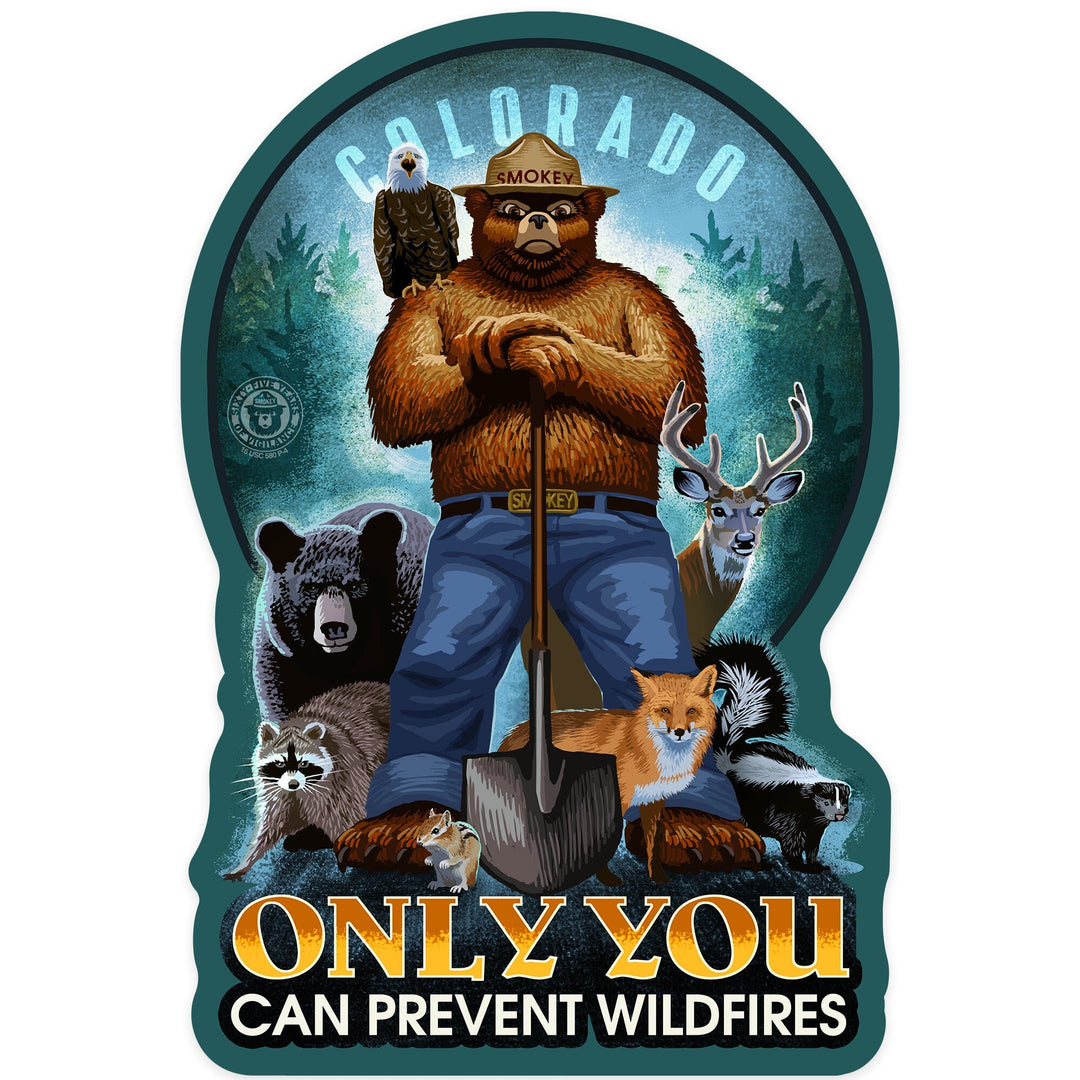 Colorado, Smokey Bear and Friends, Only You Can Prevent Wildfires, Contour, Vinyl Sticker Sticker Lantern Press
