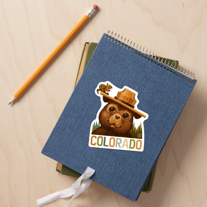 Colorado, Smokey Bear & Squirrel, Contour, Lantern Press Artwork, Vinyl Sticker - Lantern Press