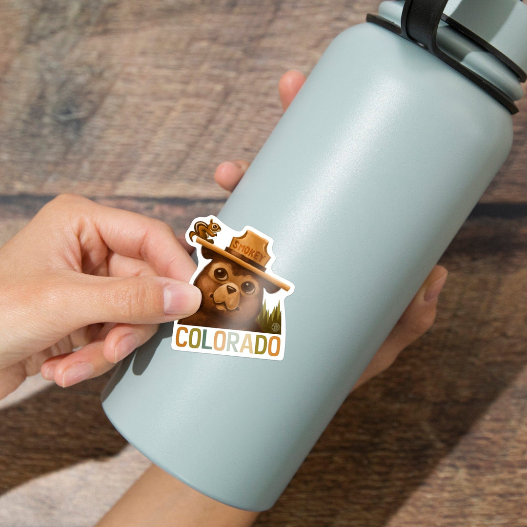 Colorado, Smokey Bear & Squirrel, Contour, Lantern Press Artwork, Vinyl Sticker - Lantern Press