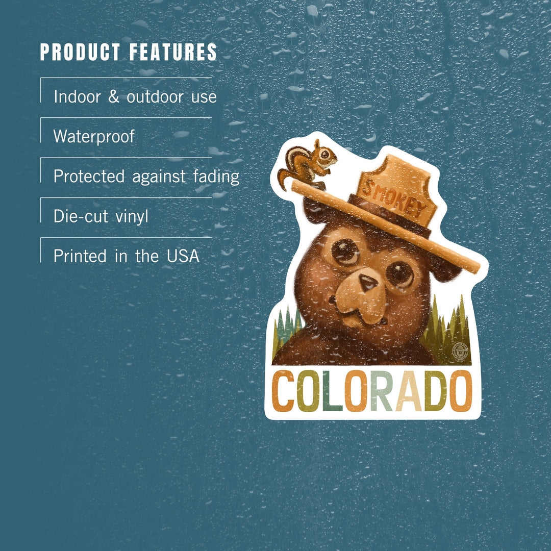 Colorado, Smokey Bear & Squirrel, Contour, Lantern Press Artwork, Vinyl Sticker - Lantern Press