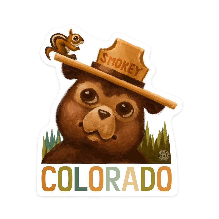 Colorado, Smokey Bear & Squirrel, Contour, Lantern Press Artwork, Vinyl Sticker - Lantern Press