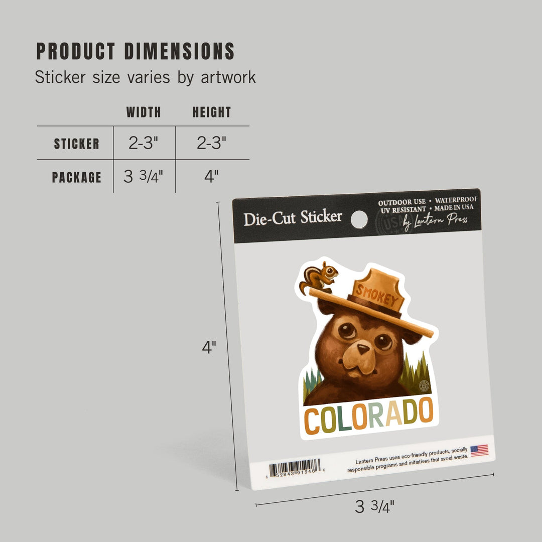 Colorado, Smokey Bear & Squirrel, Contour, Lantern Press Artwork, Vinyl Sticker - Lantern Press