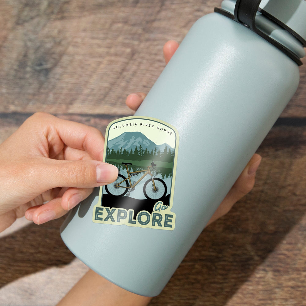 Columbia River Gorge, Washington & Oregon, Go Explore, Bike, Contour, Lantern Press Artwork, Vinyl Sticker - Lantern Press