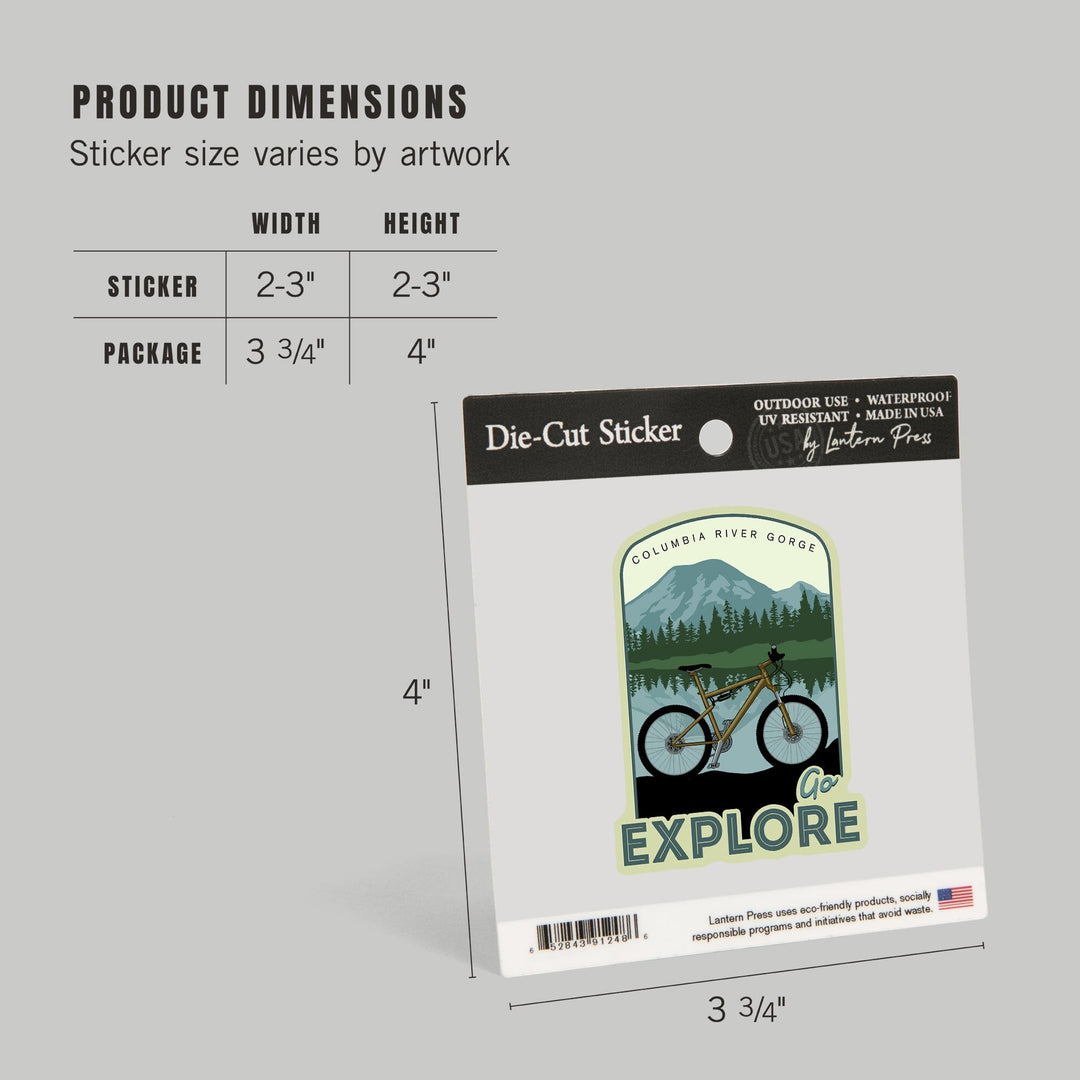 Columbia River Gorge, Washington & Oregon, Go Explore, Bike, Contour, Lantern Press Artwork, Vinyl Sticker - Lantern Press