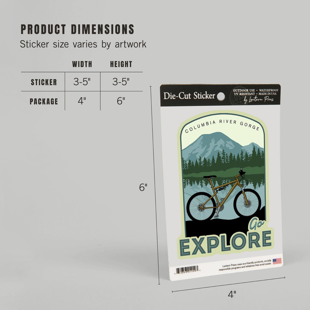 Columbia River Gorge, Washington & Oregon, Go Explore, Bike, Contour, Lantern Press Artwork, Vinyl Sticker - Lantern Press