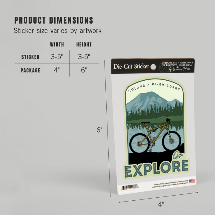 Columbia River Gorge, Washington & Oregon, Go Explore, Bike, Contour, Lantern Press Artwork, Vinyl Sticker - Lantern Press