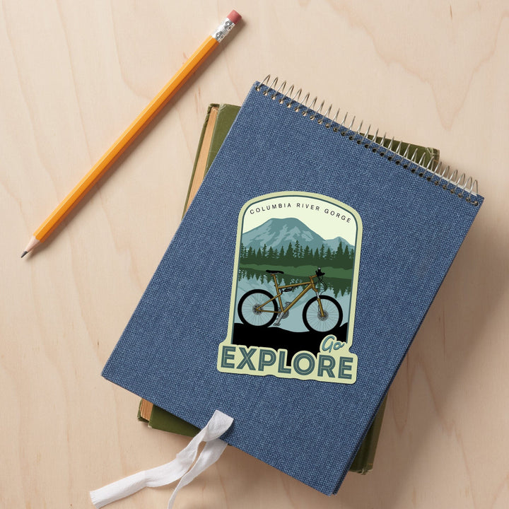 Columbia River Gorge, Washington & Oregon, Go Explore, Bike, Contour, Lantern Press Artwork, Vinyl Sticker - Lantern Press