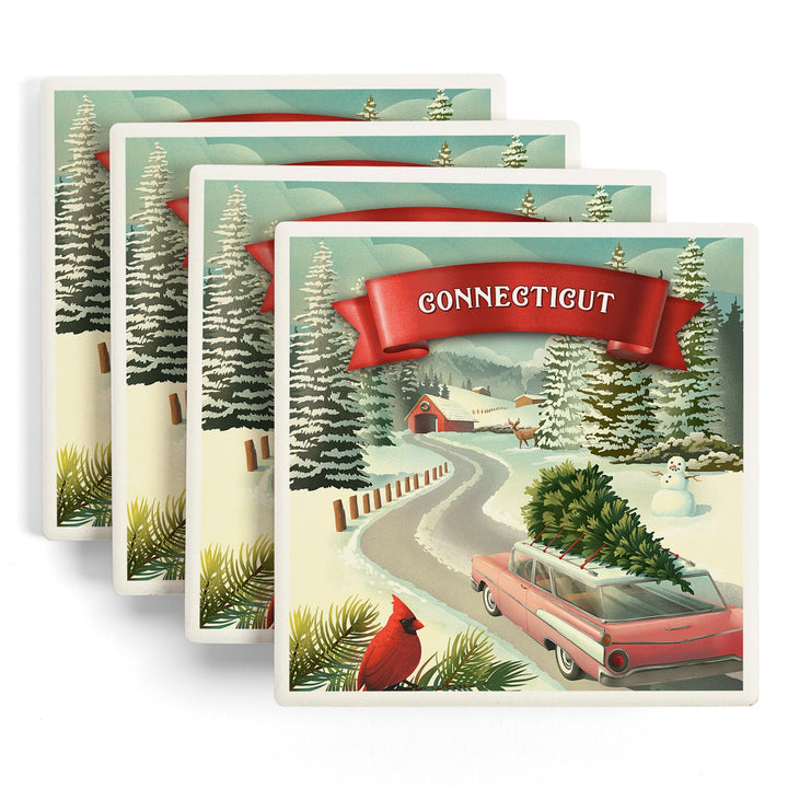 Connecticut, Christmas Holiday Tradition, Coasters Coasters Lantern Press