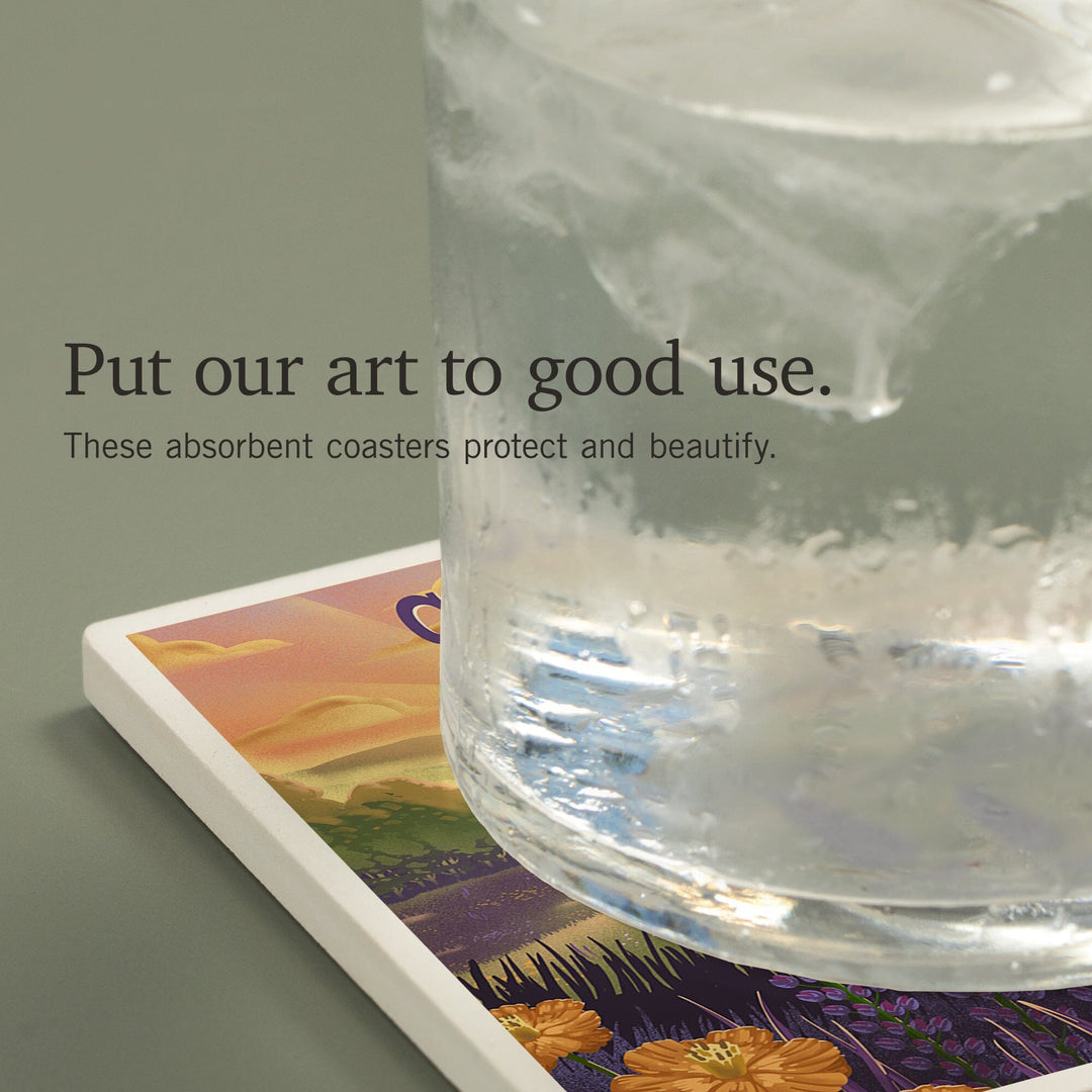 Connecticut, Lithograph, Bear and Spring Flowers, Lake, Coasters Coasters Lantern Press