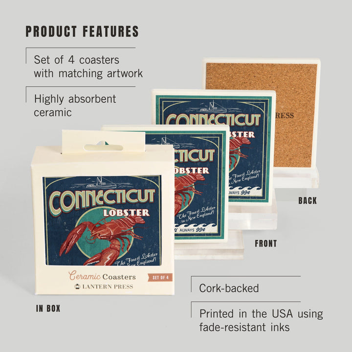 Connecticut, Lobster Shack Vintage Sign, Coasters Coasters Lantern Press