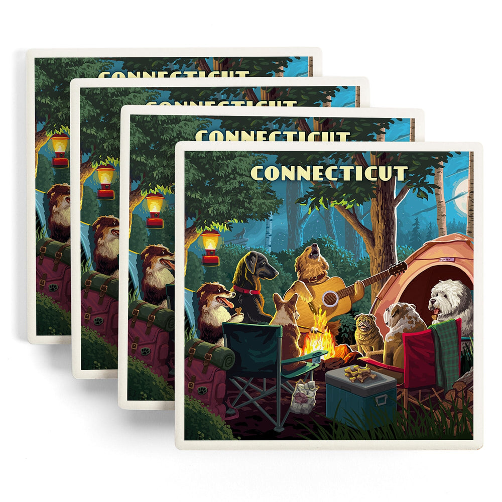Connecticut, Painterly, Pack Life, Dogs Around Campfire, Coasters Coasters Lantern Press