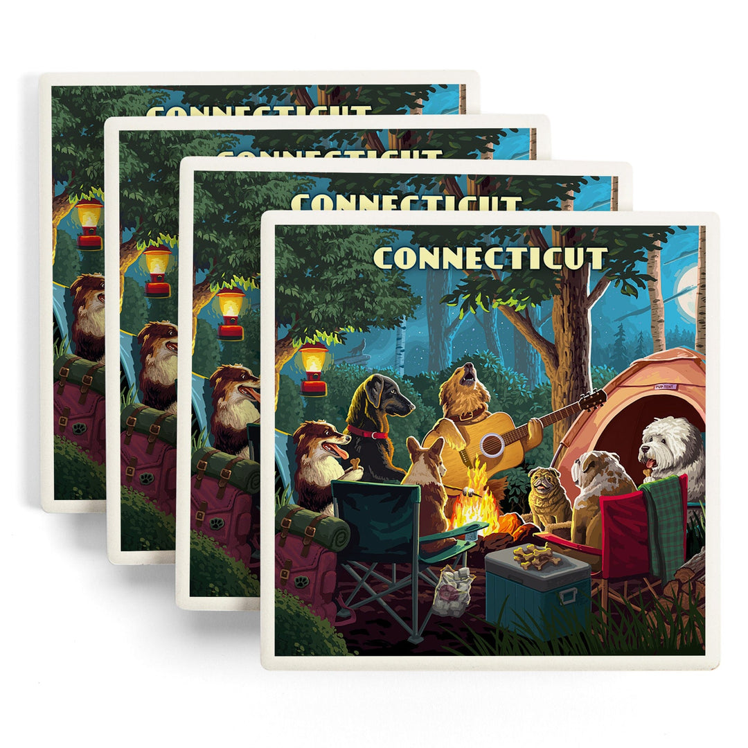 Connecticut, Painterly, Pack Life, Dogs Around Campfire, Coasters Coasters Lantern Press