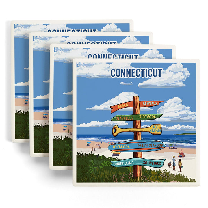 Connecticut, Signpost, Coast Beach with Umbrellas, Coasters Coasters Lantern Press