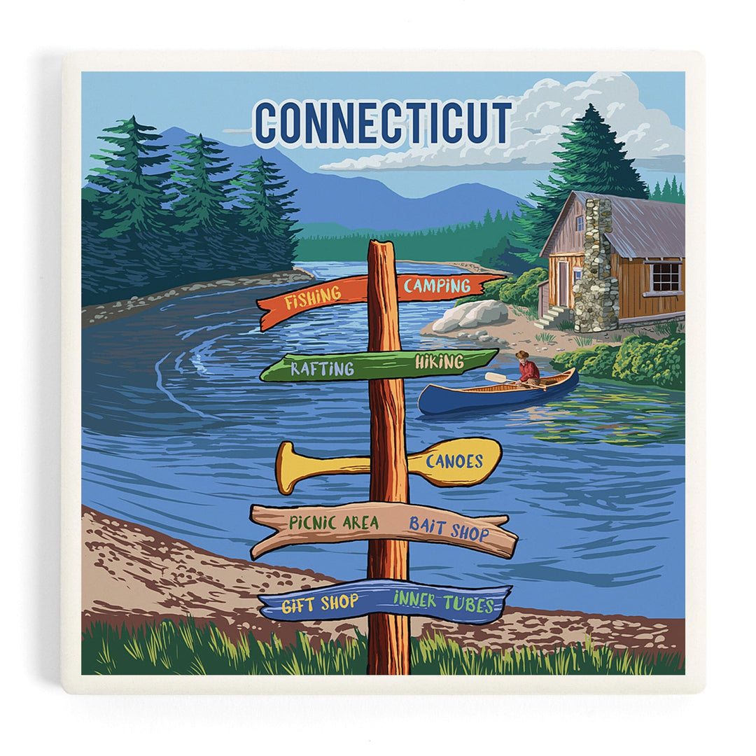 Connecticut, Signpost, River, Coasters Coasters Lantern Press Coaster