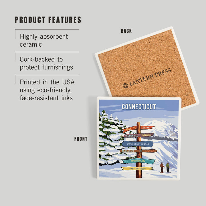 Connecticut, Signpost, Ski and Snow, Coasters Coasters Lantern Press