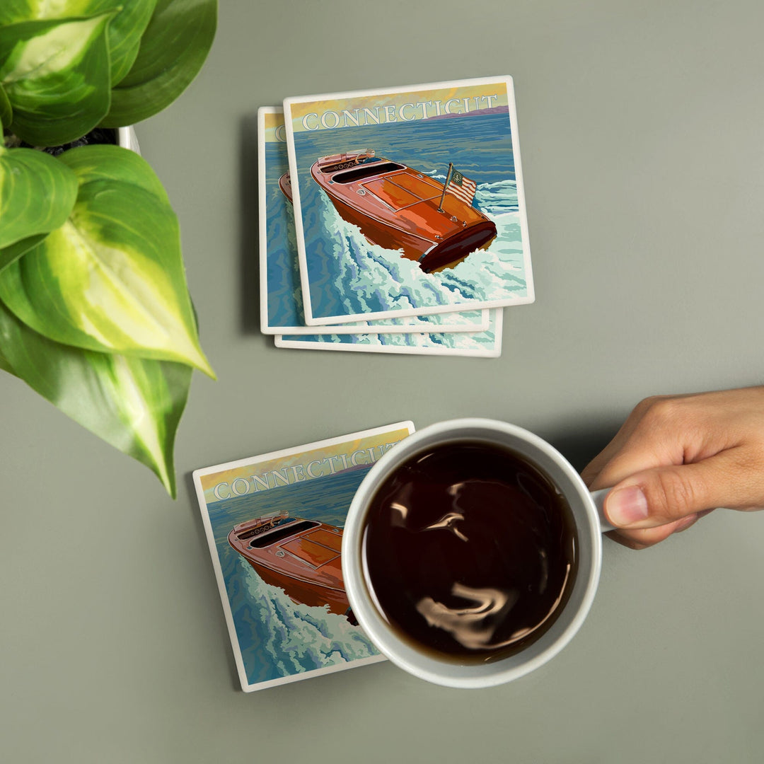 Connecticut, Wooden Boat, Coasters Coasters Lantern Press