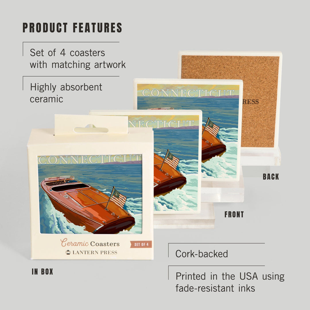Connecticut, Wooden Boat, Coasters Coasters Lantern Press