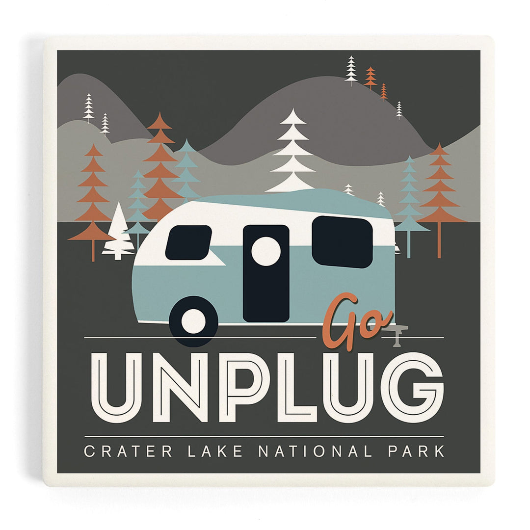 Crater Lake National Park, Go Unplug, Retro Camper, Coasters Coasters Lantern Press
