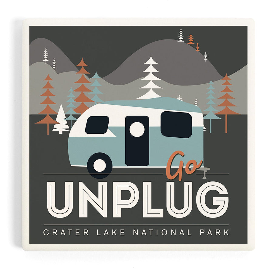 Crater Lake National Park, Go Unplug, Retro Camper, Coasters Coasters Lantern Press
