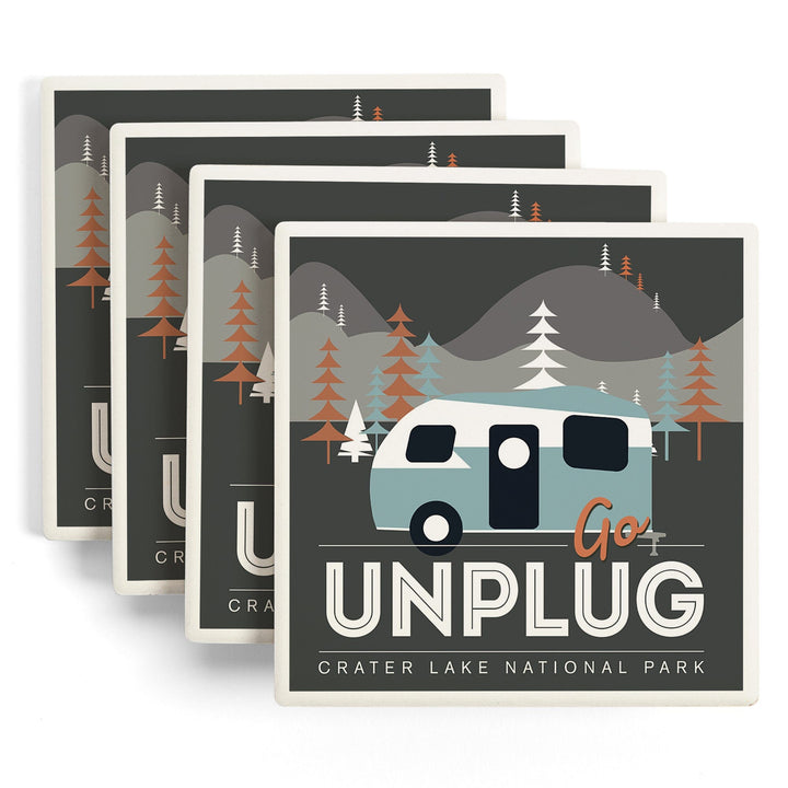 Crater Lake National Park, Go Unplug, Retro Camper, Coasters Coasters Lantern Press
