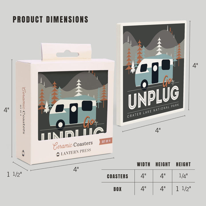 Crater Lake National Park, Go Unplug, Retro Camper, Coasters Coasters Lantern Press