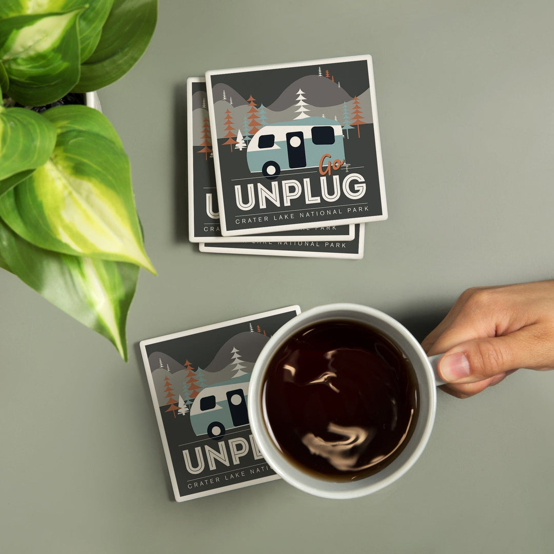 Crater Lake National Park, Go Unplug, Retro Camper, Coasters Coasters Lantern Press