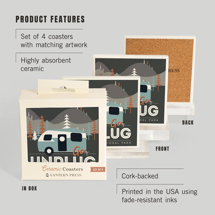 Crater Lake National Park, Go Unplug, Retro Camper, Coasters Coasters Lantern Press