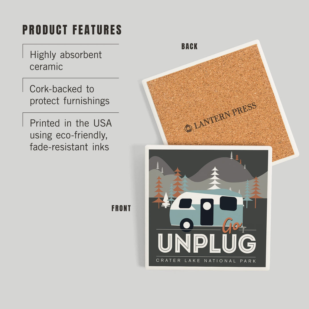Crater Lake National Park, Go Unplug, Retro Camper, Coasters Coasters Lantern Press