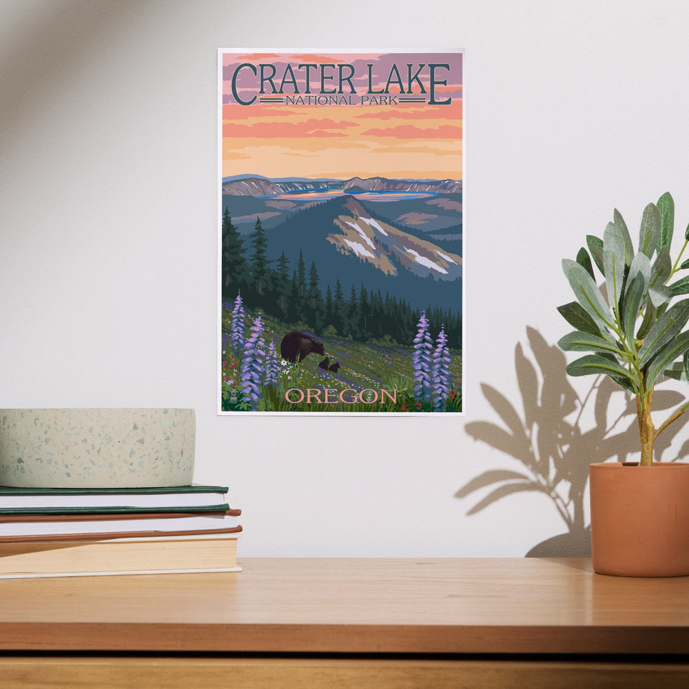 Crater Lake National Park, Oregon, Bear and Spring Flowers, Art & Giclee Prints - Lantern Press