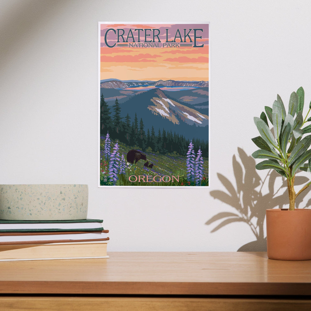 Crater Lake National Park, Oregon, Bear and Spring Flowers, Art & Giclee Prints - Lantern Press