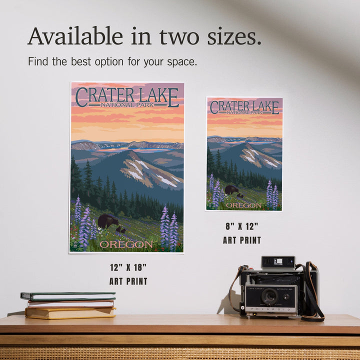 Crater Lake National Park, Oregon, Bear and Spring Flowers, Art & Giclee Prints - Lantern Press