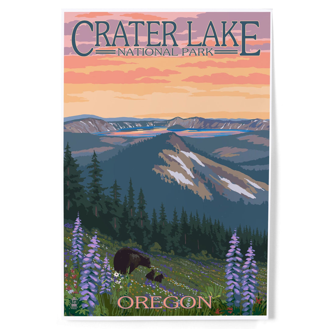 Crater Lake National Park, Oregon, Bear and Spring Flowers, Art & Giclee Prints - Lantern Press