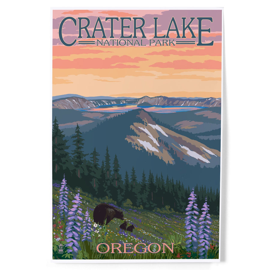Crater Lake National Park, Oregon, Bear and Spring Flowers, Art & Giclee Prints - Lantern Press