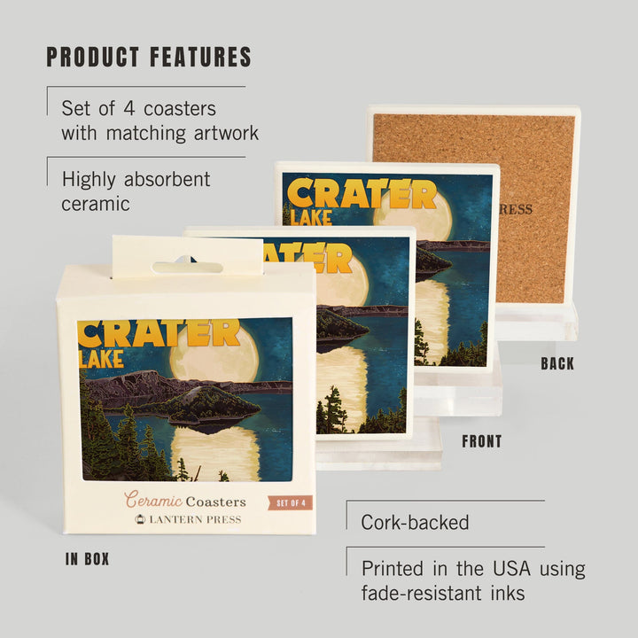 Crater Lake National Park, Oregon, Lake and Full Moon, Coasters Coasters Lantern Press
