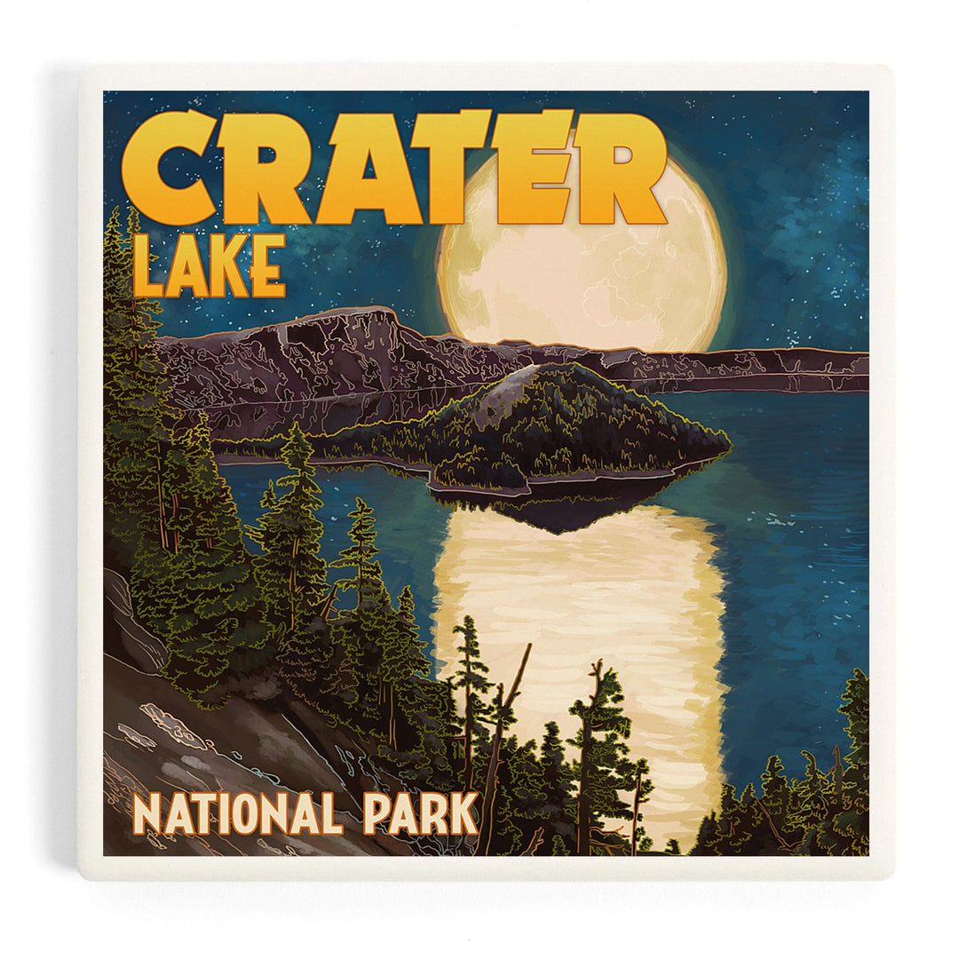 Crater Lake National Park, Oregon, Lake and Full Moon, Coasters Coasters Lantern Press