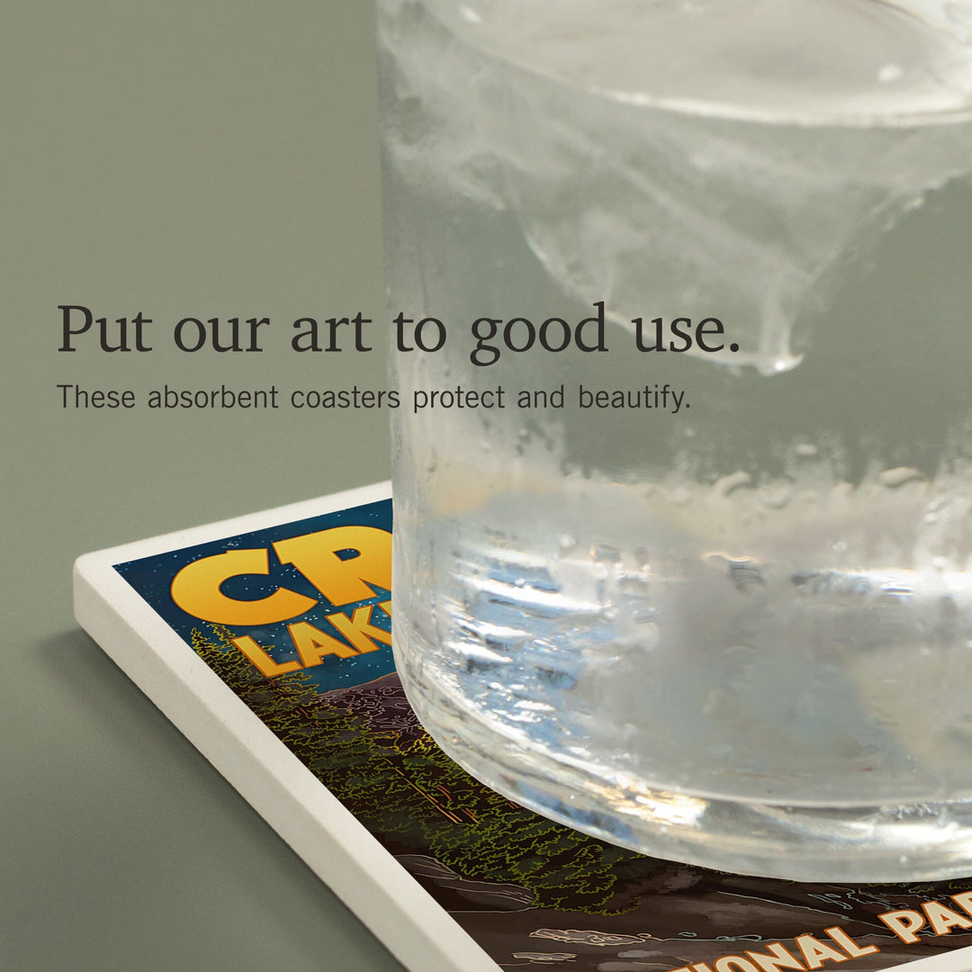 Crater Lake National Park, Oregon, Lake and Full Moon, Coasters Coasters Lantern Press