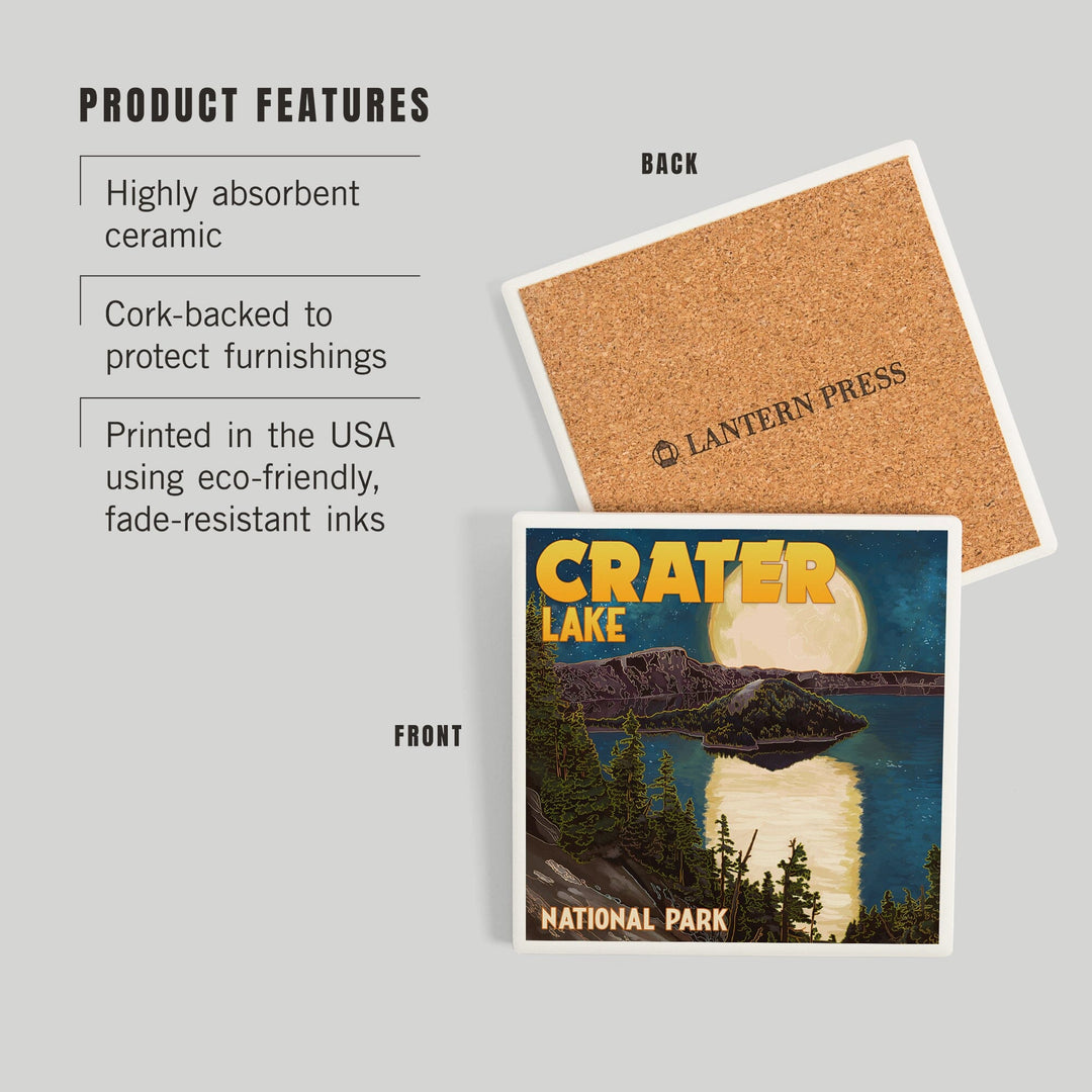 Crater Lake National Park, Oregon, Lake and Full Moon, Coasters Coasters Lantern Press